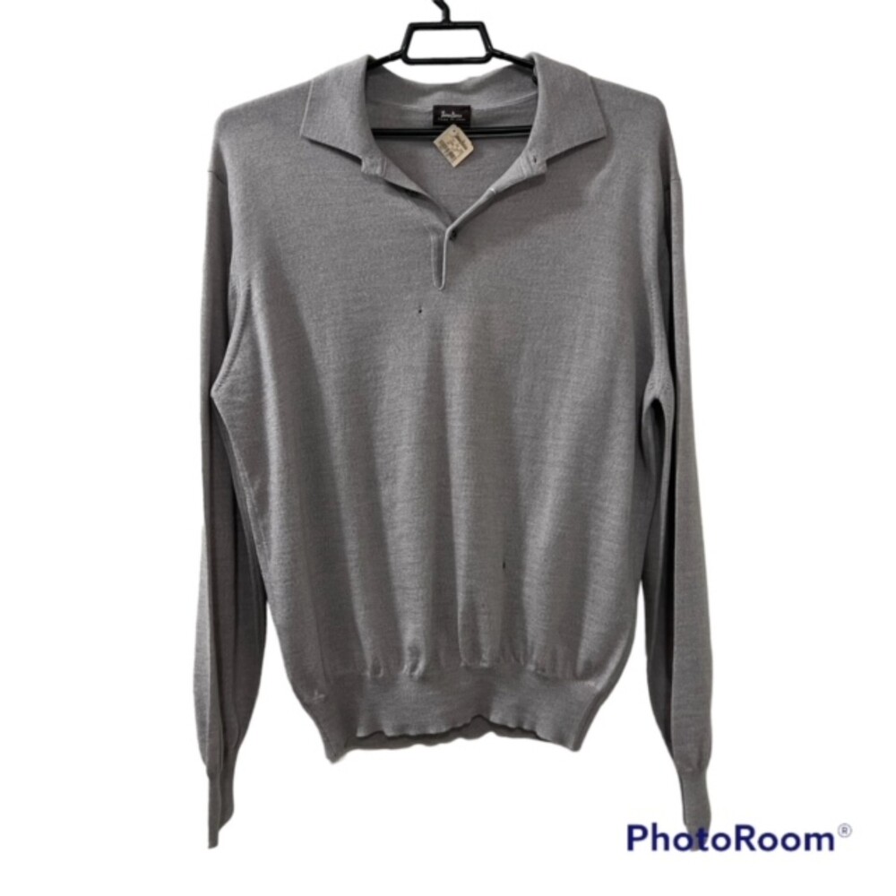 Neiman Marcus Mens Gray Collared Merino Wool Tight Knit LS Sweater Sz M/L - FLAW